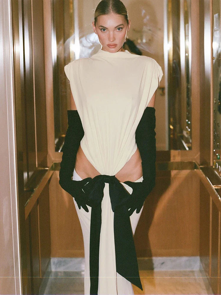 Bows Tassel Pleated Waistless Maxi Dress