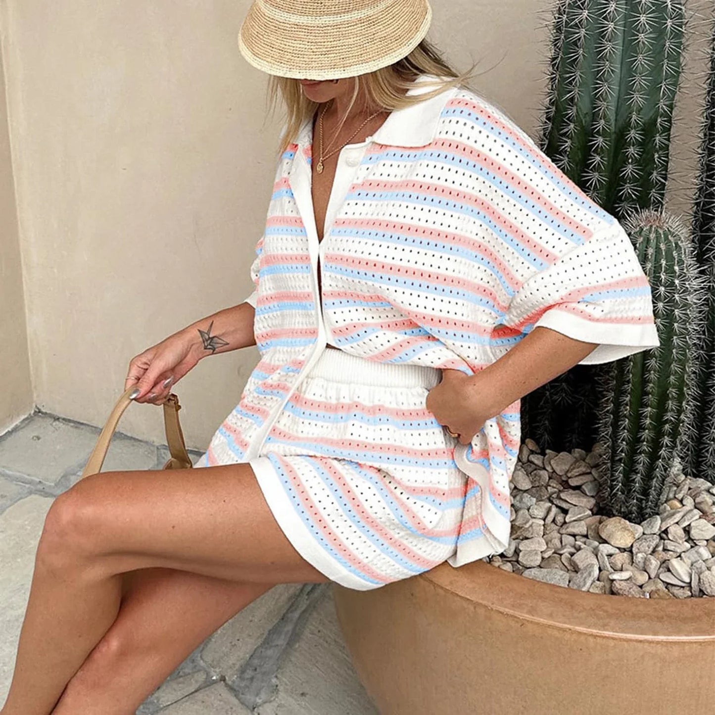 Stripe Contrast Color Button Crochet Top Two Piece Shorts Set