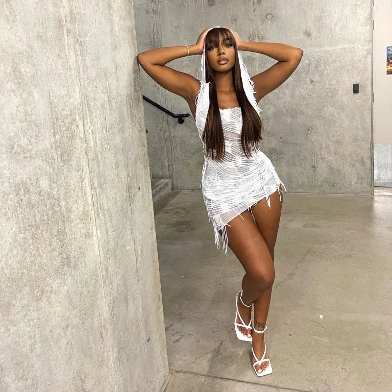 Tassel Hooded Slim Solid Mini Dress
