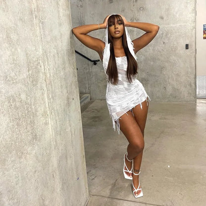 Tassel Hooded Slim Solid Mini Dress