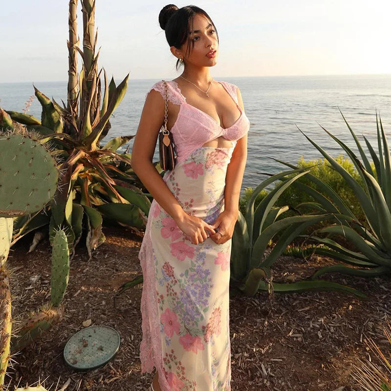 Lace Hollow Plunge Floral Dress