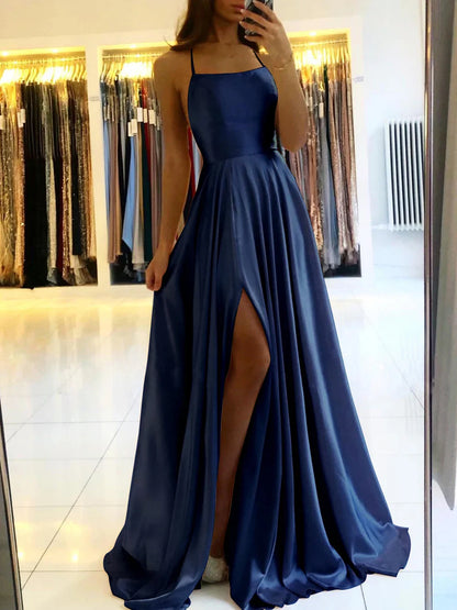 Blue Satin Spaghetti A-Line Prom Dress