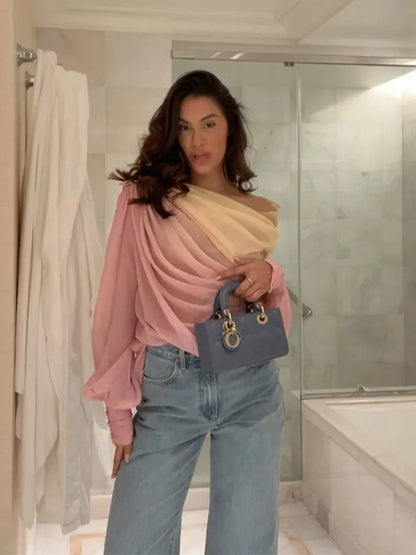 Pink Gradient Chiffon Pleated Blouse