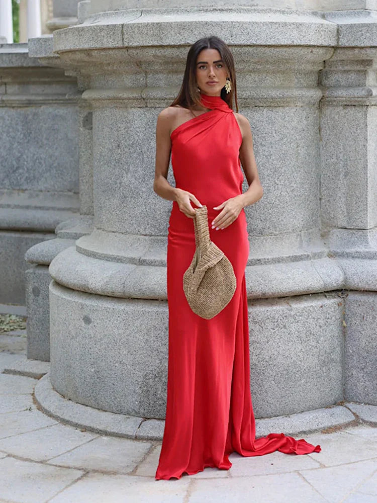 Satin Scarf Collar Halter Maxi Dress