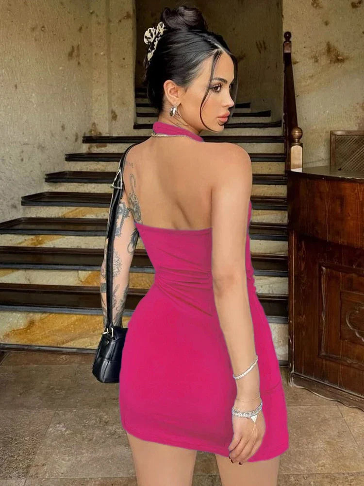 Knit Halter Backless Slit Neck Mini Dress