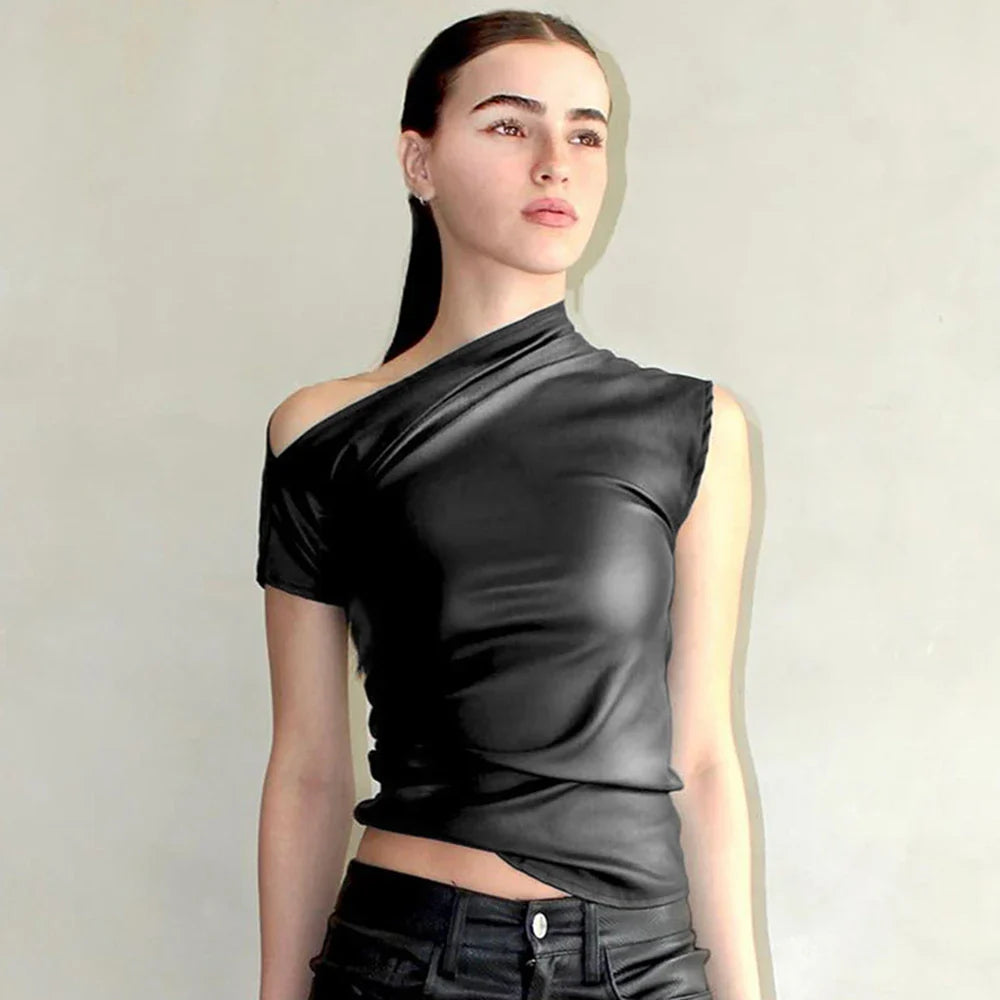 Leather Solid Waist Short Sleeve Crop Top