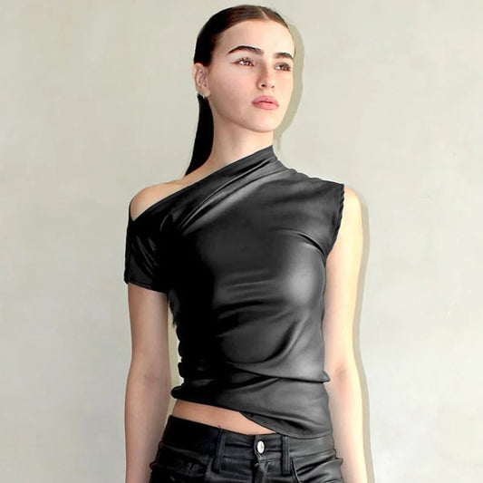 Leather Solid Waist Short Sleeve Crop Top