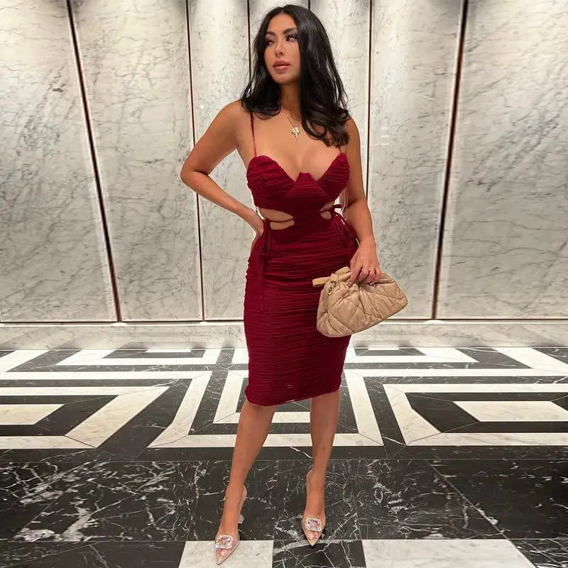 Low Cut Hollow Pleated Solid Color Slip Dress