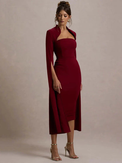 Cape Long Sleeve Back Slit Midi Dress