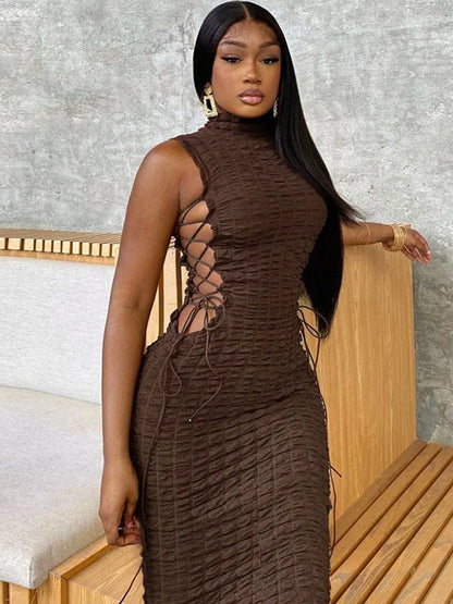 Lace Up Hollow Sleeveless Midi Dress