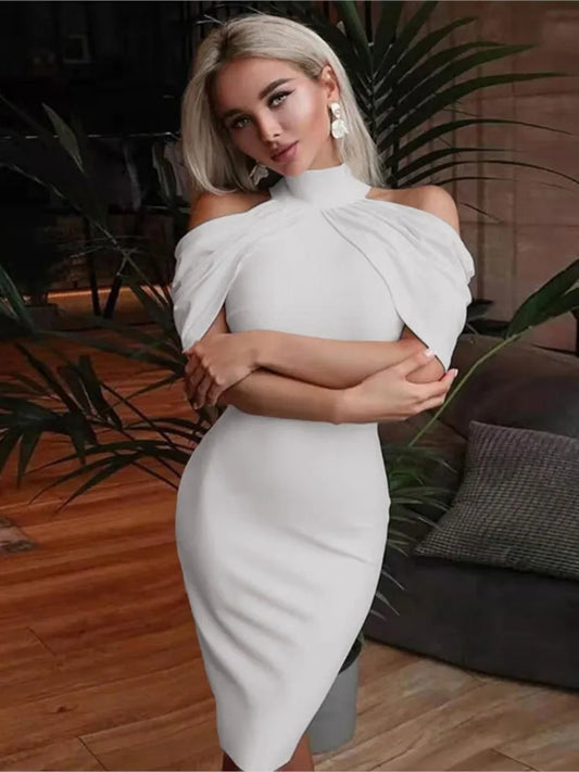 Solid Halter Off Shoulder Hip Package Bodycon Work Dress