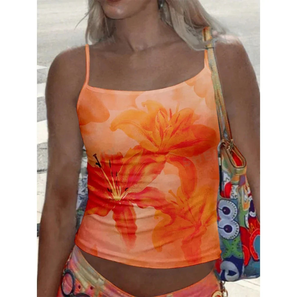 Y2K Vintage Floral Print Spaghetti Strap Slim Cami Top