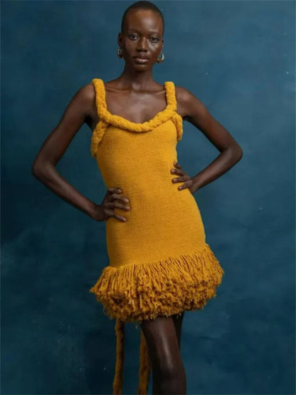 Fluff Patchwork Bandage Halter Mini Dress