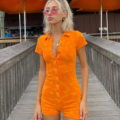 Flocking Lapel Short Sleeve Knit Romper