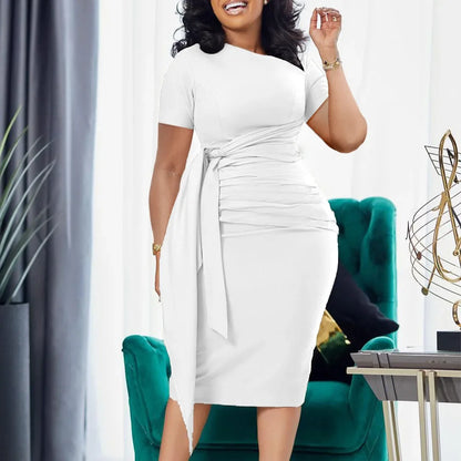 Pleated Band Collar Short Sleeve Pure Color Work Dress