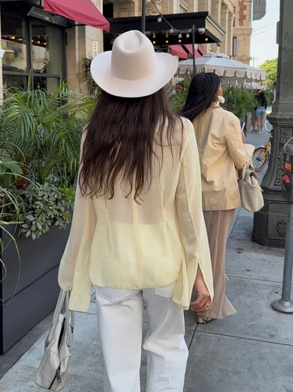 Light Yellow Chiffon Flare Sleeve Blouse