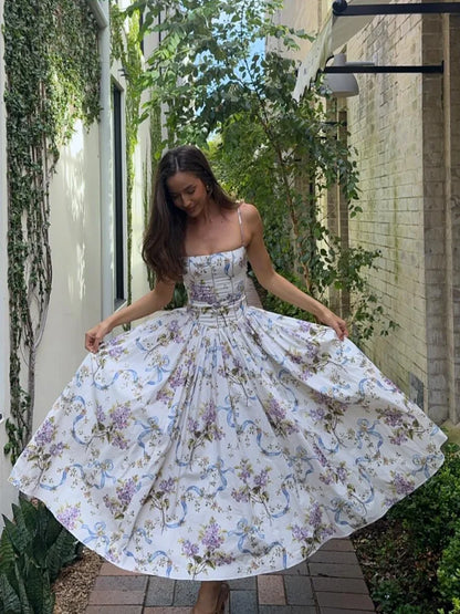 Pleated Sleeveless Backless Floral Dress