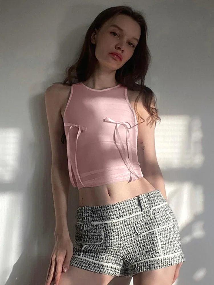 Pink Bow Sleeveless Crop Sheer Top