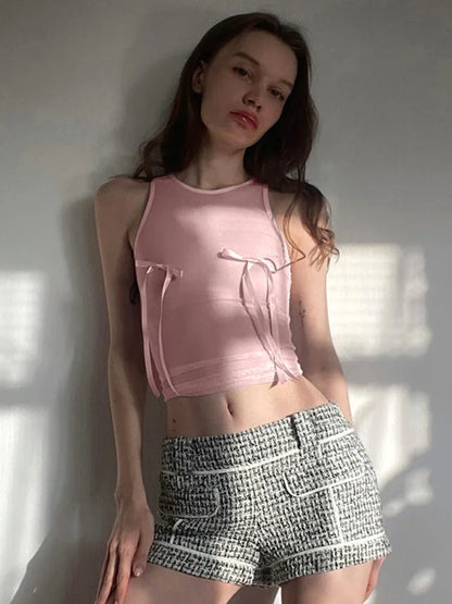 Pink Bow Sleeveless Crop Sheer Top