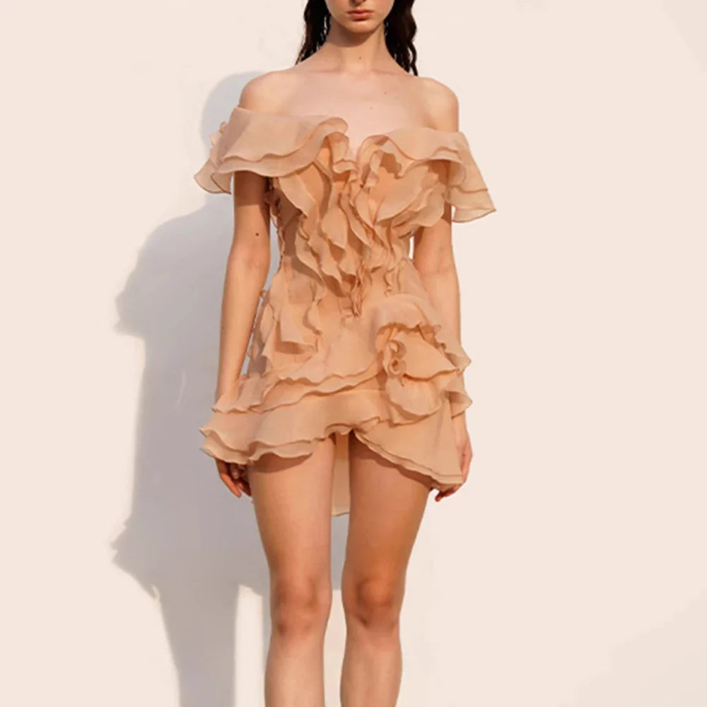 Slash Neck Ruffle Spliced Floral Dress