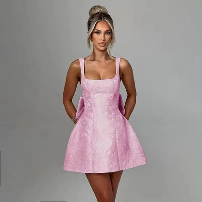 Jacquard Bow Strapless Backless Mini Dress