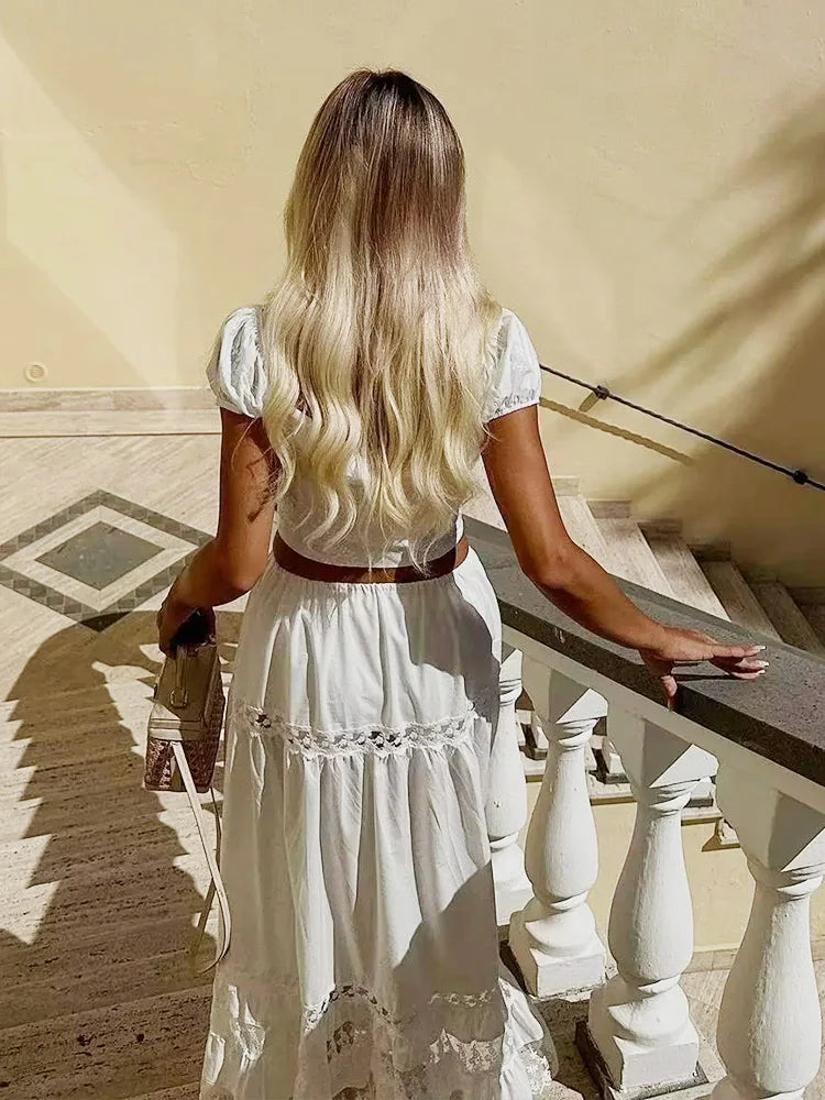 White Cotton Flower Embroidery Summer Two Piece Skirt Set