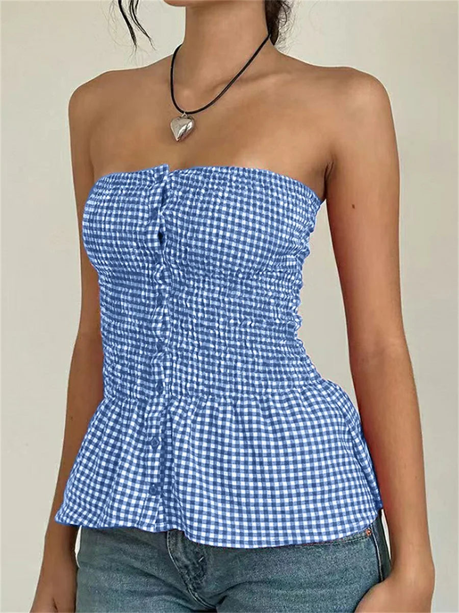 Red Gingham Ruffle Hem Strapless