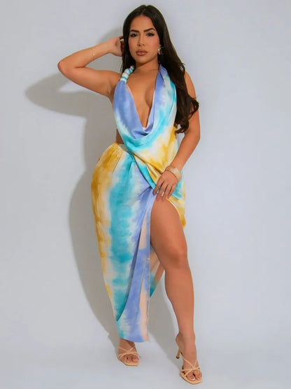 Tie Dye Halter Deep V-Neck Backless Midi Dress