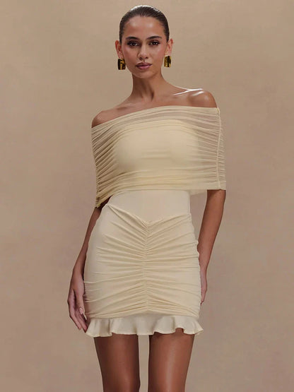 Strapless Mesh Ruffled Backless Mini Dress