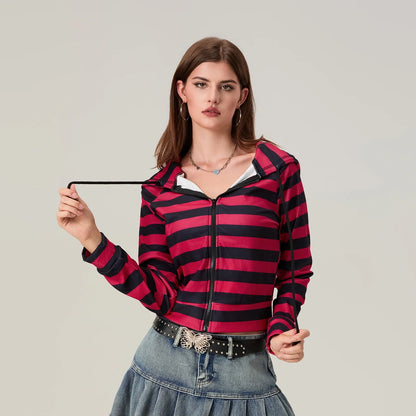 Striped Contrast Zip Cropped Hoodie