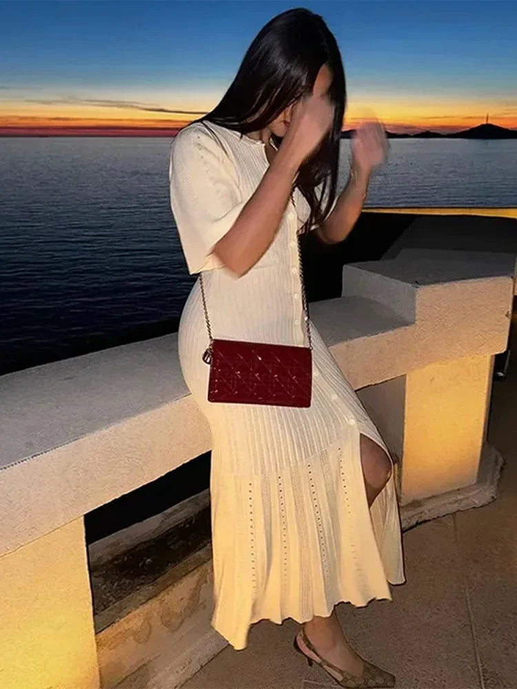 Patchwork Knitted Hollow O-Neck Ribbed Work Dress