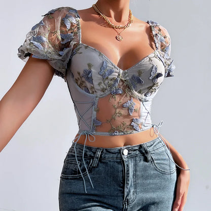 Puff Sleeve Mesh Patchwork Boho Crop Top