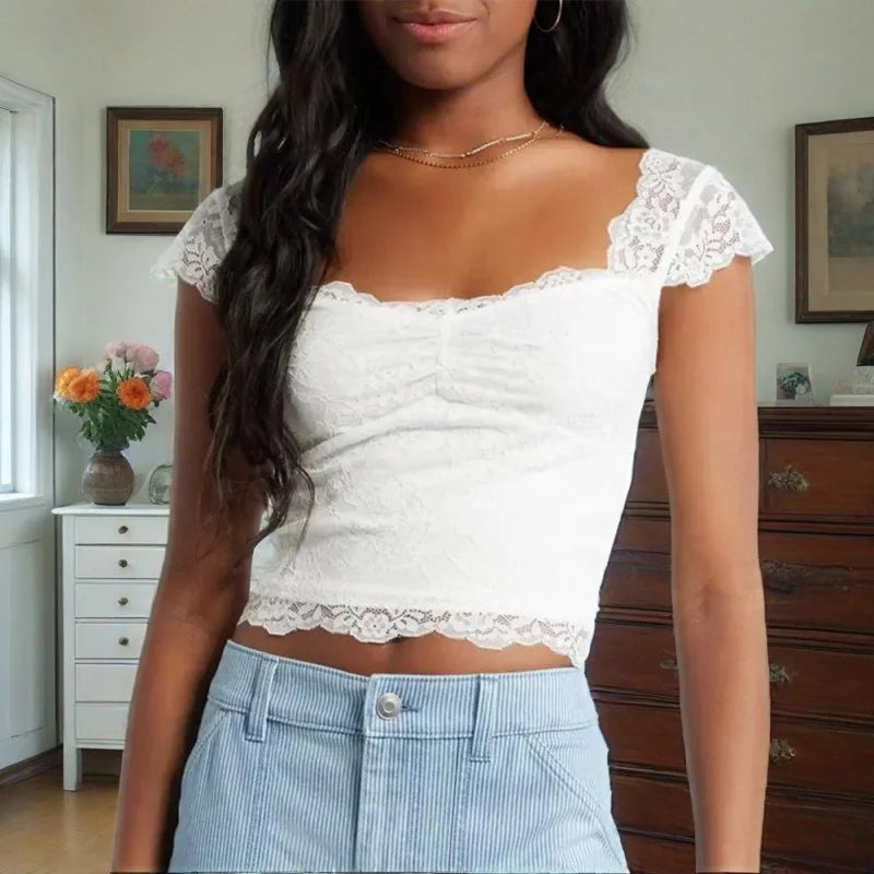 Lace Cap Sleeve Square Neck Crop Top