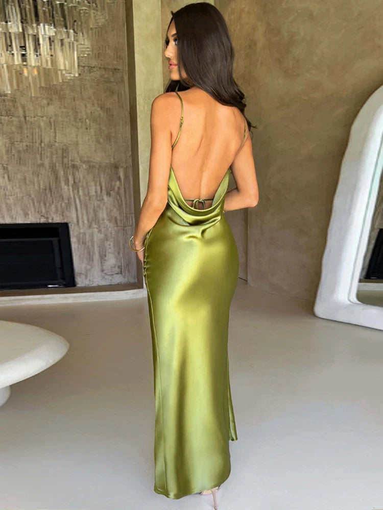 Satin Slit Backless Midi Dress