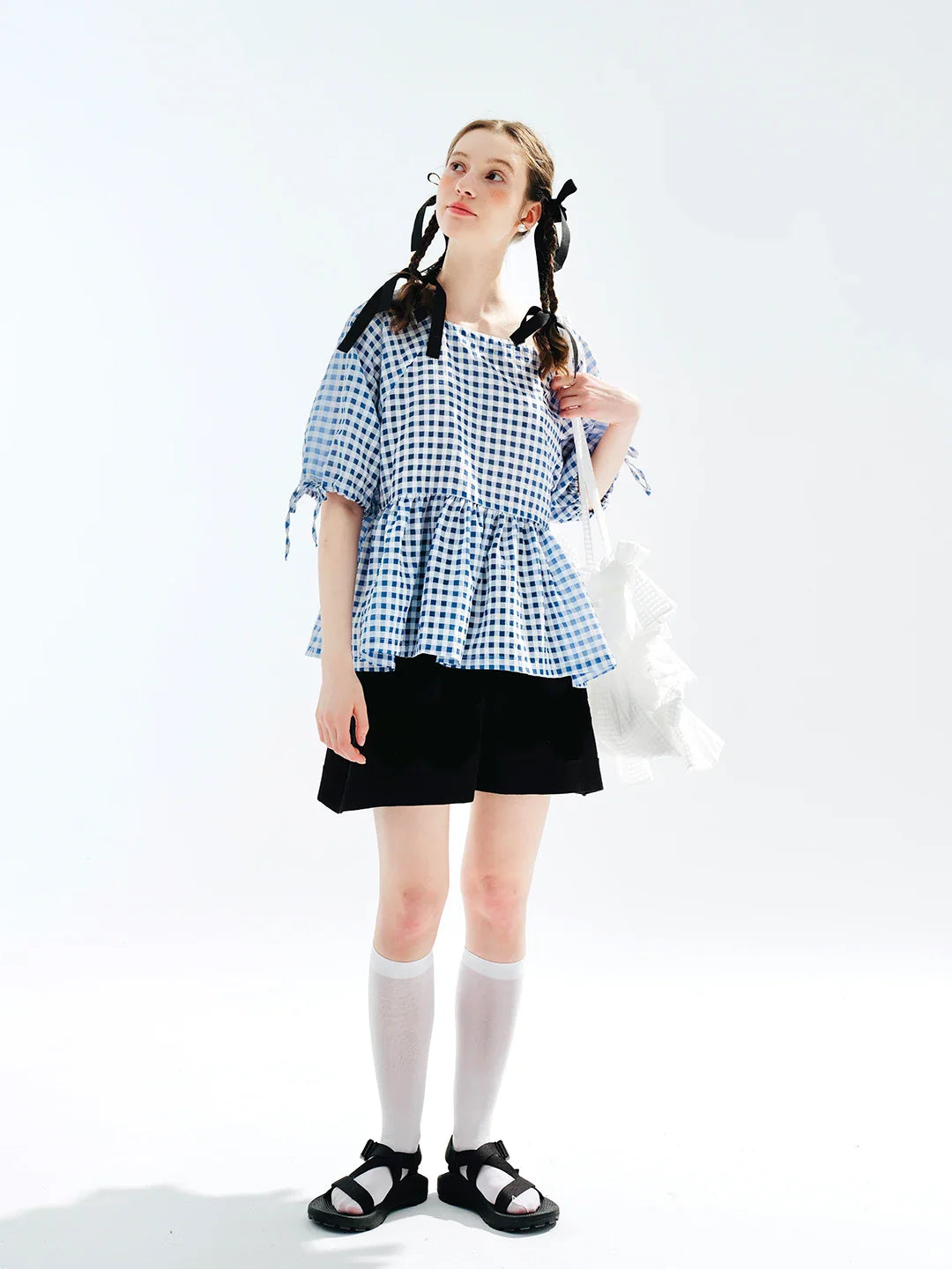 Plaid Lace-up Short Sleeve T-shirt Blouse