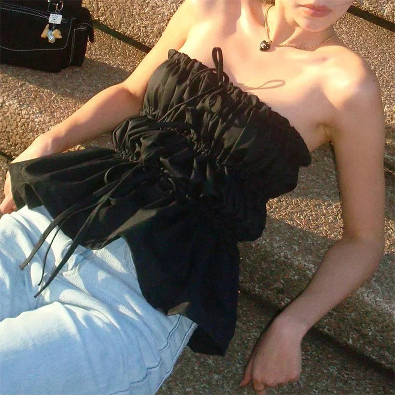 Solid Ruched Tie Up Tube Strapless