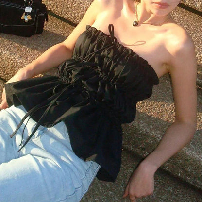 Solid Ruched Tie Up Tube Strapless