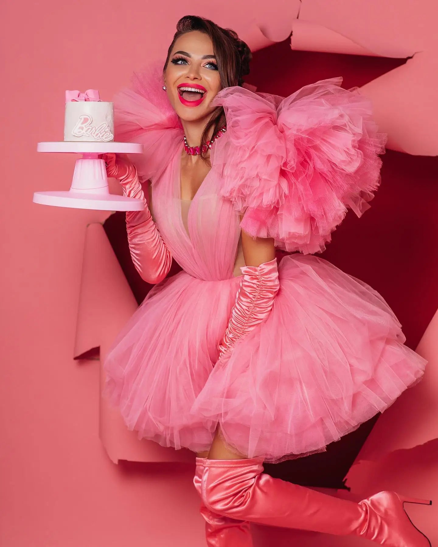Pink Tulle Ruffled A-Line Party Dress