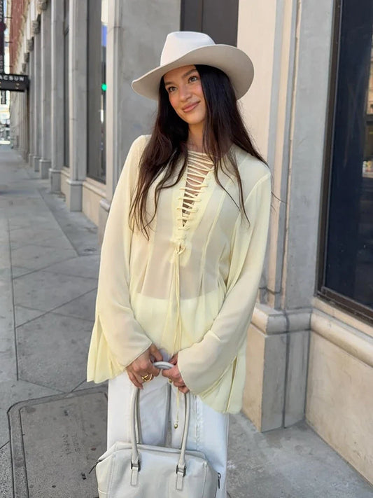 Light Yellow Chiffon Flare Sleeve Blouse