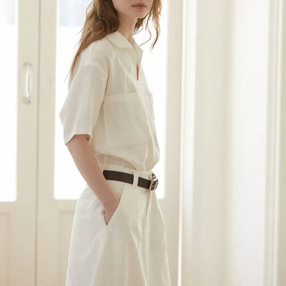 100% Linen V-neck Short Sleeve Blouse