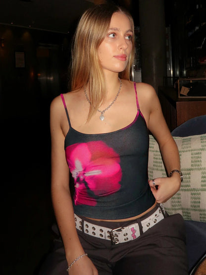 Floral Print Backless Mesh Sheer Top