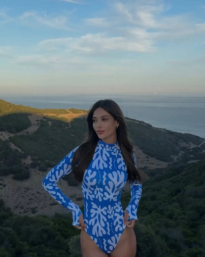 New Long Sleeve Zipper Print Vintage Surf One Piece Swimwear