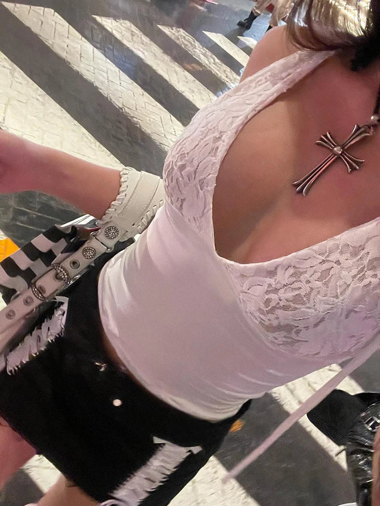 Ribbed Solid Sleeveless Lace Sheer Top