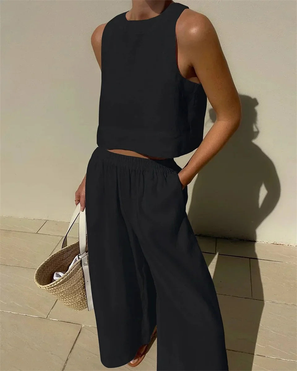 Sleeveless Wide Leg Two Piece Pants Set