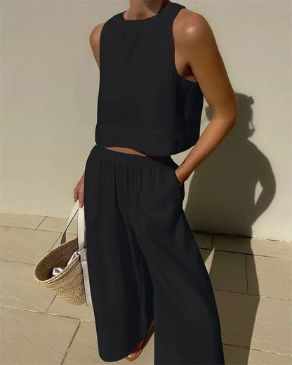 Sleeveless Wide Leg Two Piece Pants Set