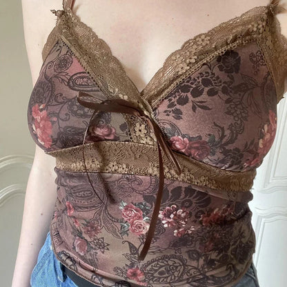 Y2K Grunge Floral Lace Trim V Neck Cami Top