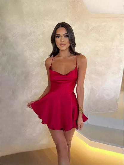 Slimming Solid Color Short Silk Dress