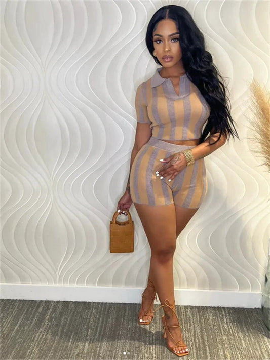 Stripe V Neck Shorts Knit Set