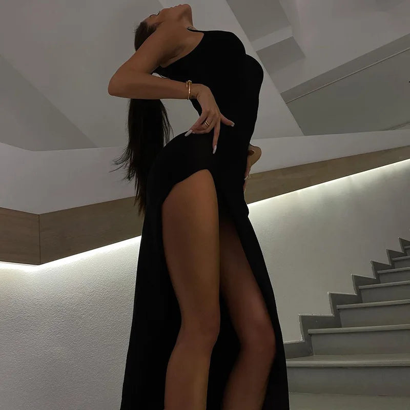 Slit Turtleneck Bodycon Midi Party Dress