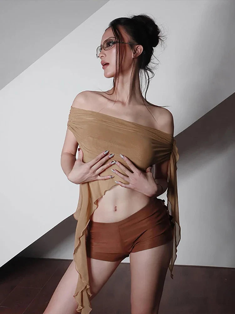 See-Through One Shoulder Pleated Strapless